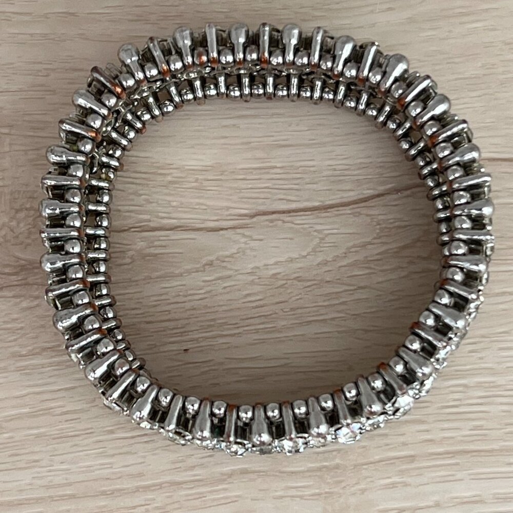 Vintage White Rhinestone Silver-tone Metal  1" Wide Stretch Bracelet / Showgirl - Picture 7 of 14